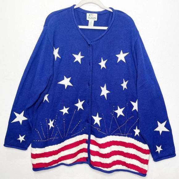 The Quacker Factory Sweaters - The Quacker Factory Embroidered Patriotic Blue Stars Flag Cardigan Sweater 2X